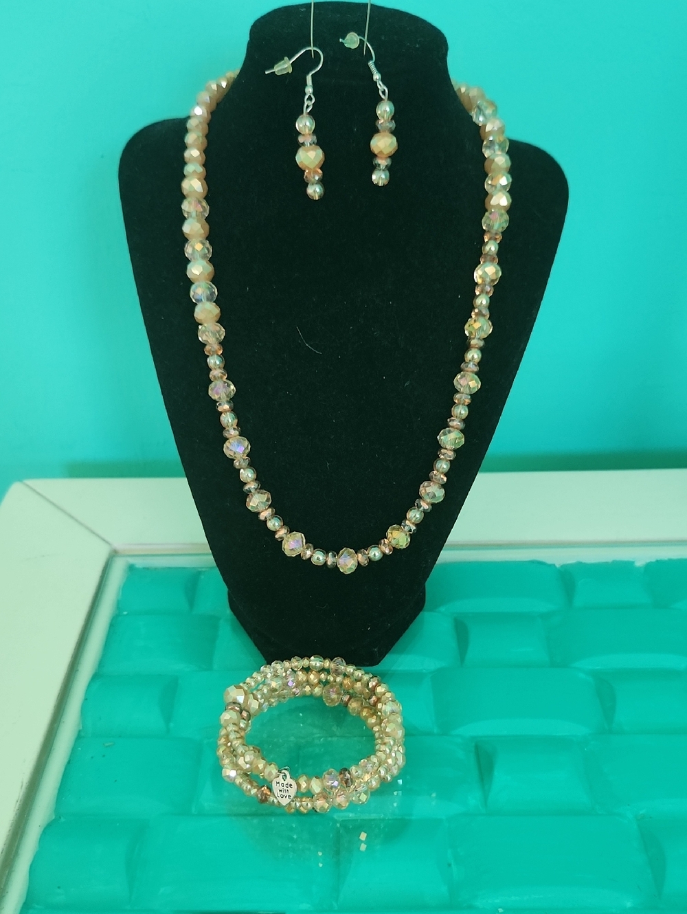 Gold Aurora Crystal Bead Necklace, Bracelet & Earring Set